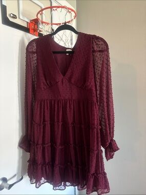 Emerald Sundae Burgundy Swiss Dot Tiered V-Neck Long Sleeve Dress